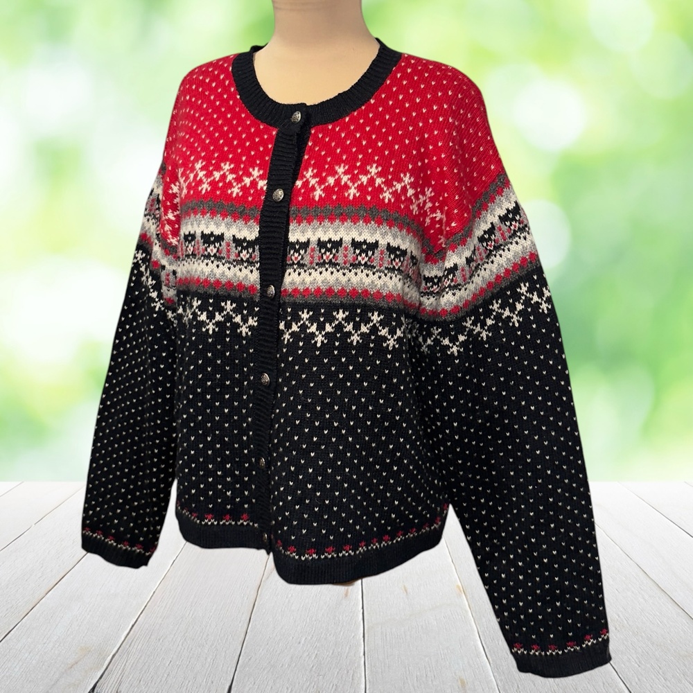 Vintage MOUNTAIN LAKE Nordic Fair Isle Cardigan Filigree Buttons Black Red Sz L